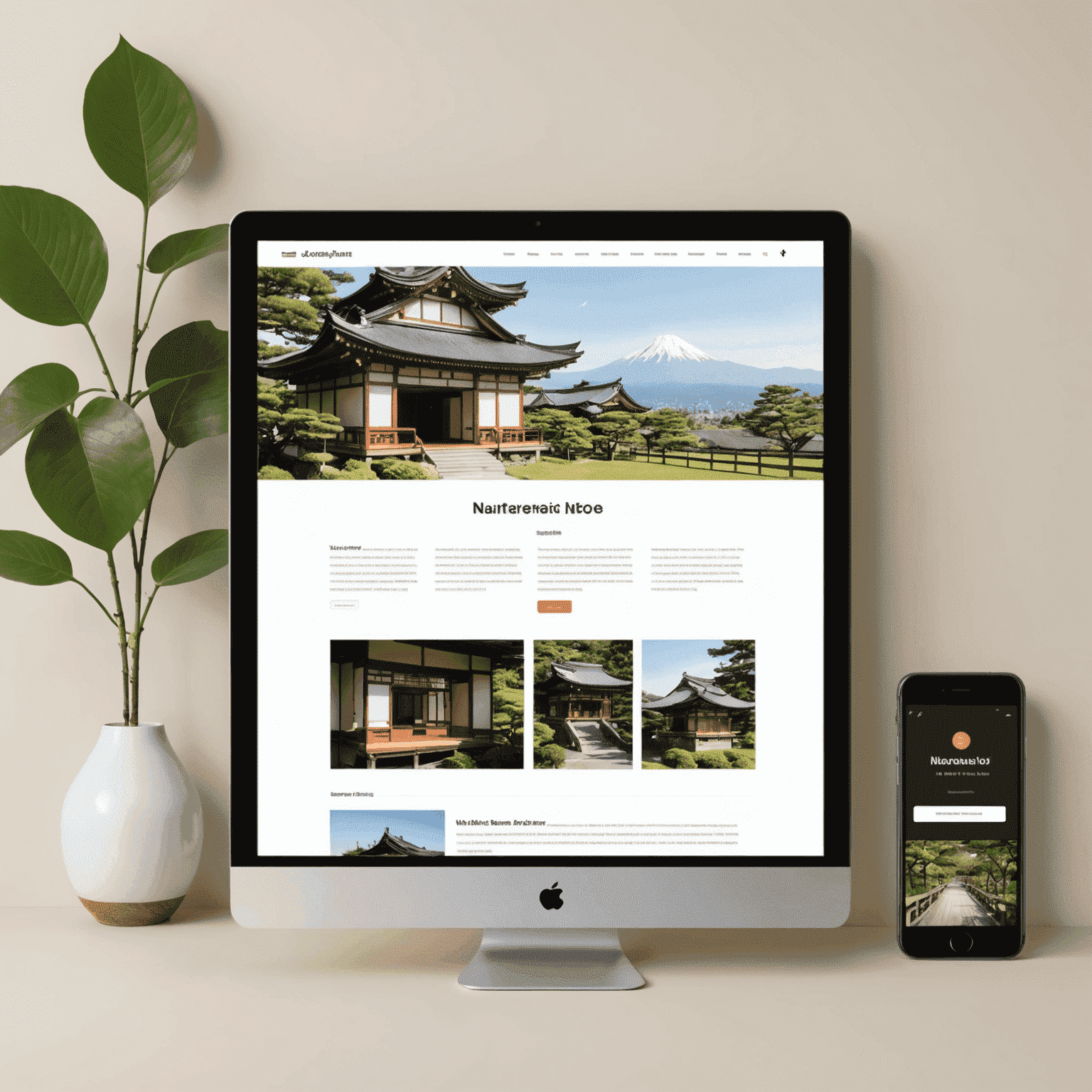 和風のミニマリストデザイン要素と現代的なウェブレイアウトを組み合わせたウェブサイトのモックアップ画像